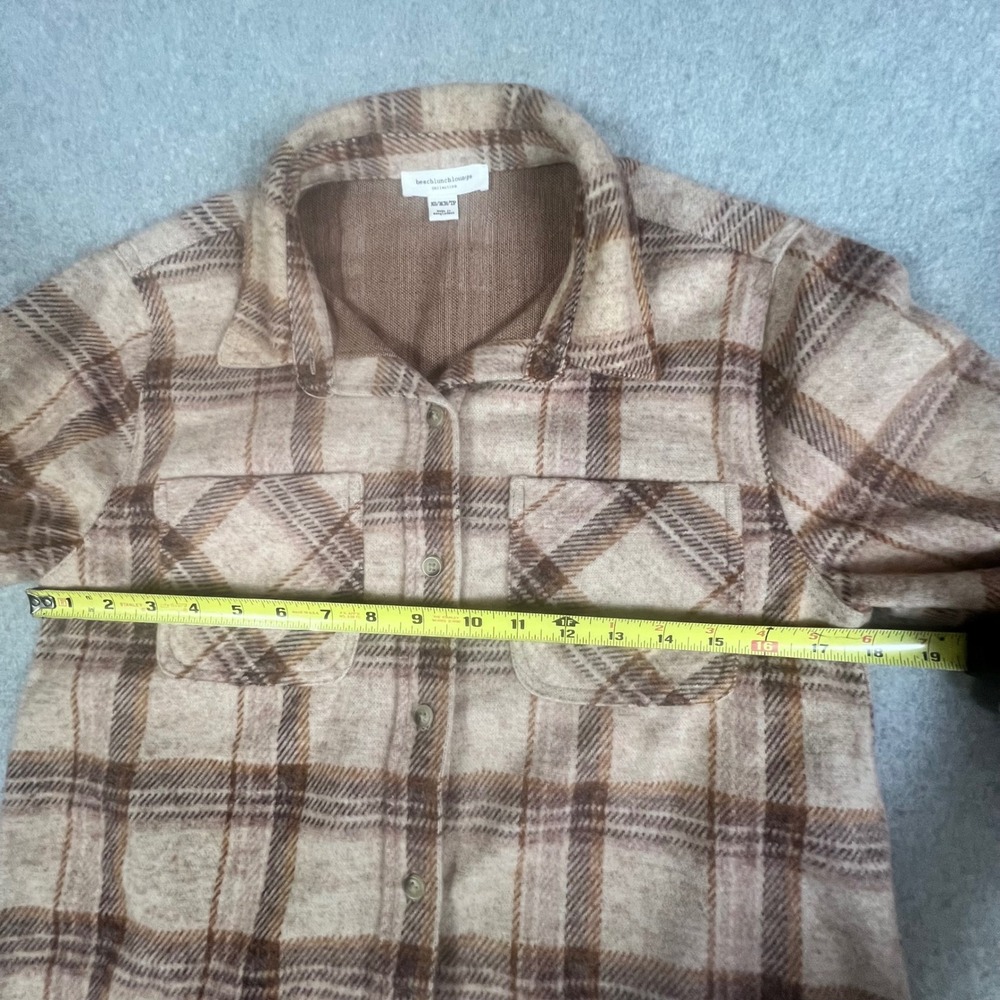 Beachlunchlounge XS Plaid Button Down Shirt Shacket SOFT Tan Brown‎ Knit Cabin - Picture 4 of 10